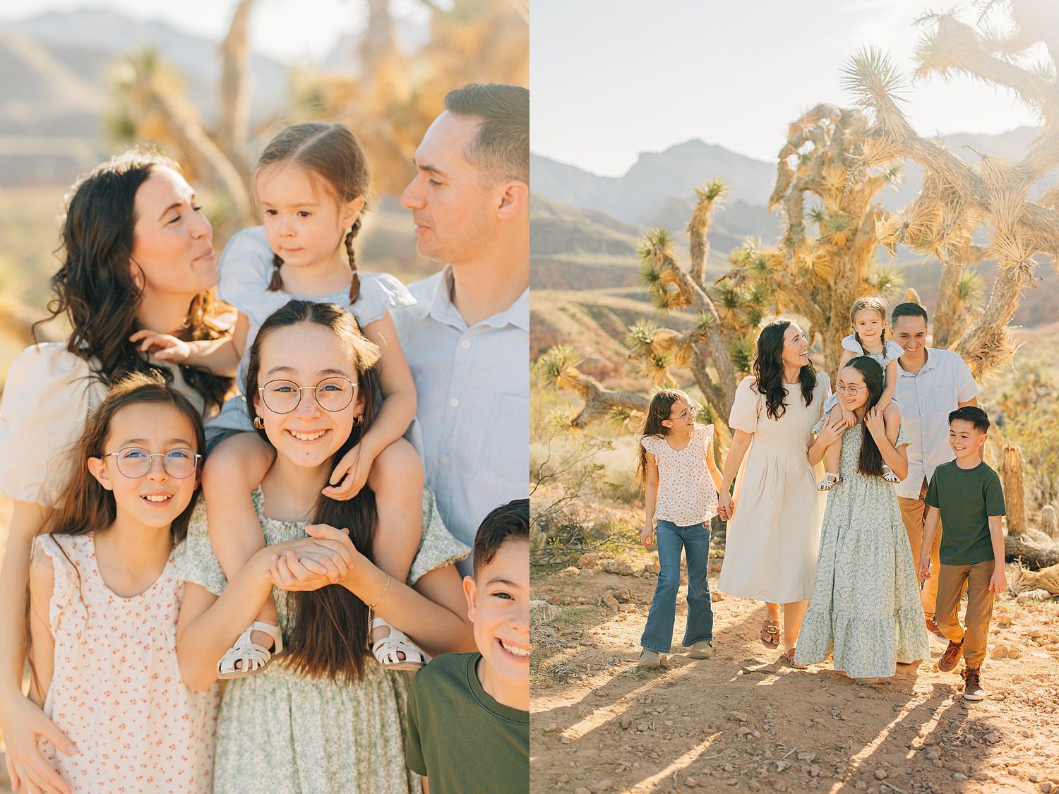 A joyful family poses together outdoors in a desert landscape with mountains, wearing light pastel outfits in warm sunlight.