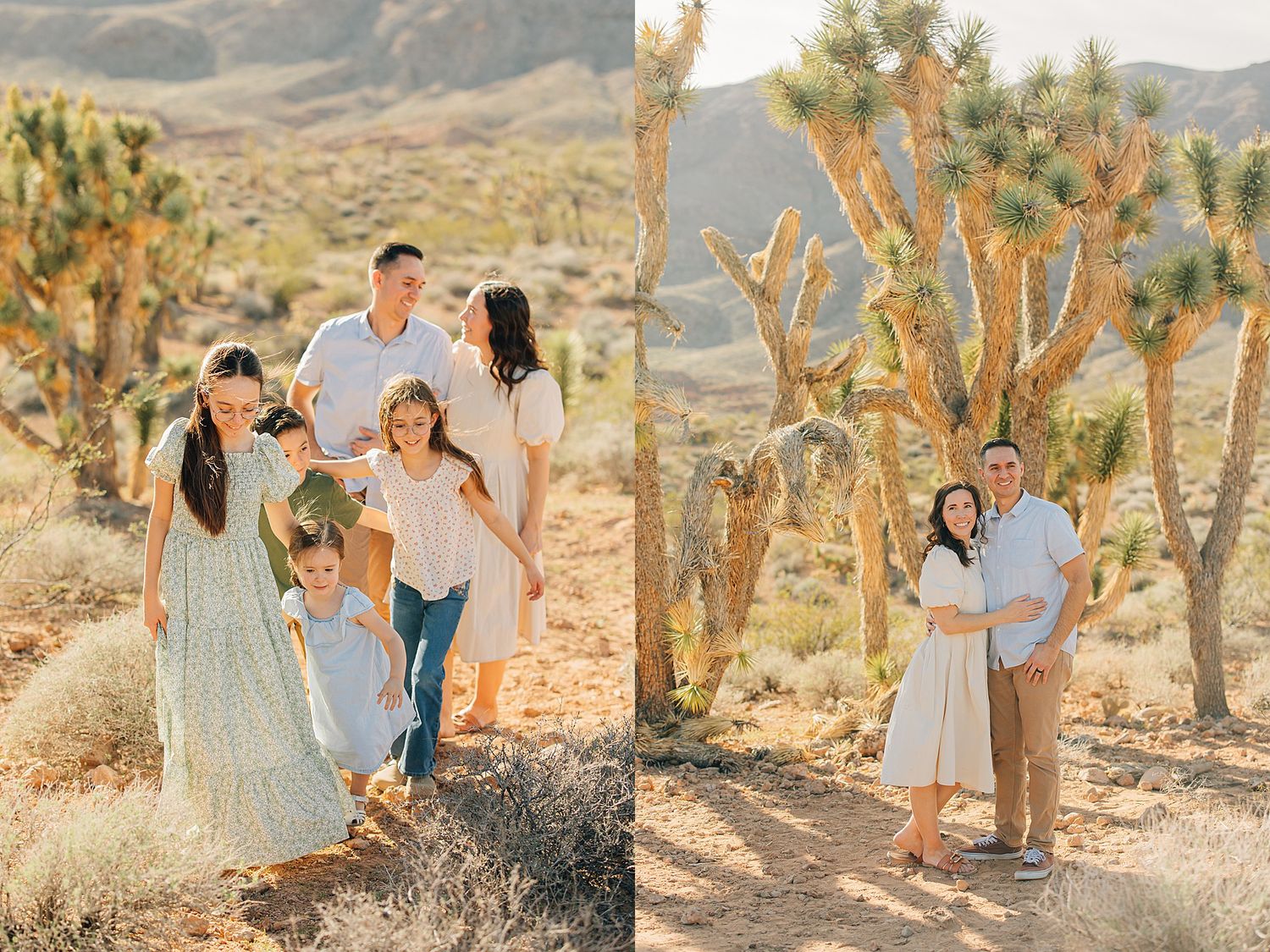 Family laughing and walking together near Joshua trees in a sunny desert landscape during a professional outdoor photo session.