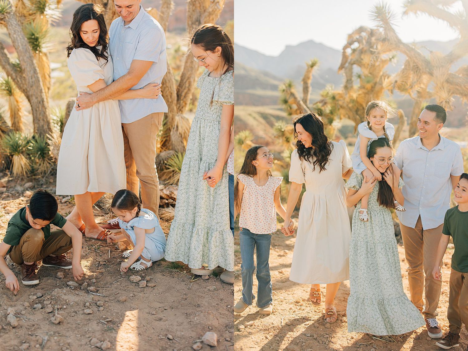 Family posing together in a sunny desert landscape with cacti and mountains in the background during golden hour.