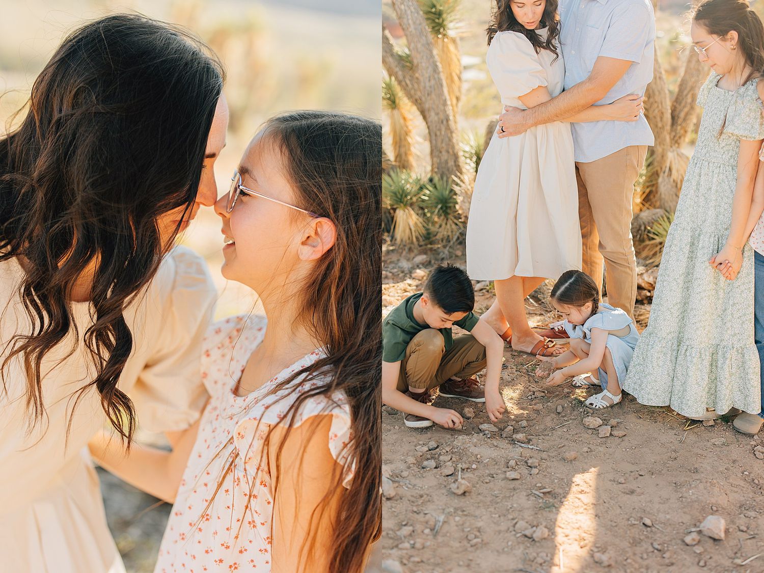 A mother and daughter share a tender moment outdoors, while a family poses together in a sunlit desert landscape.
