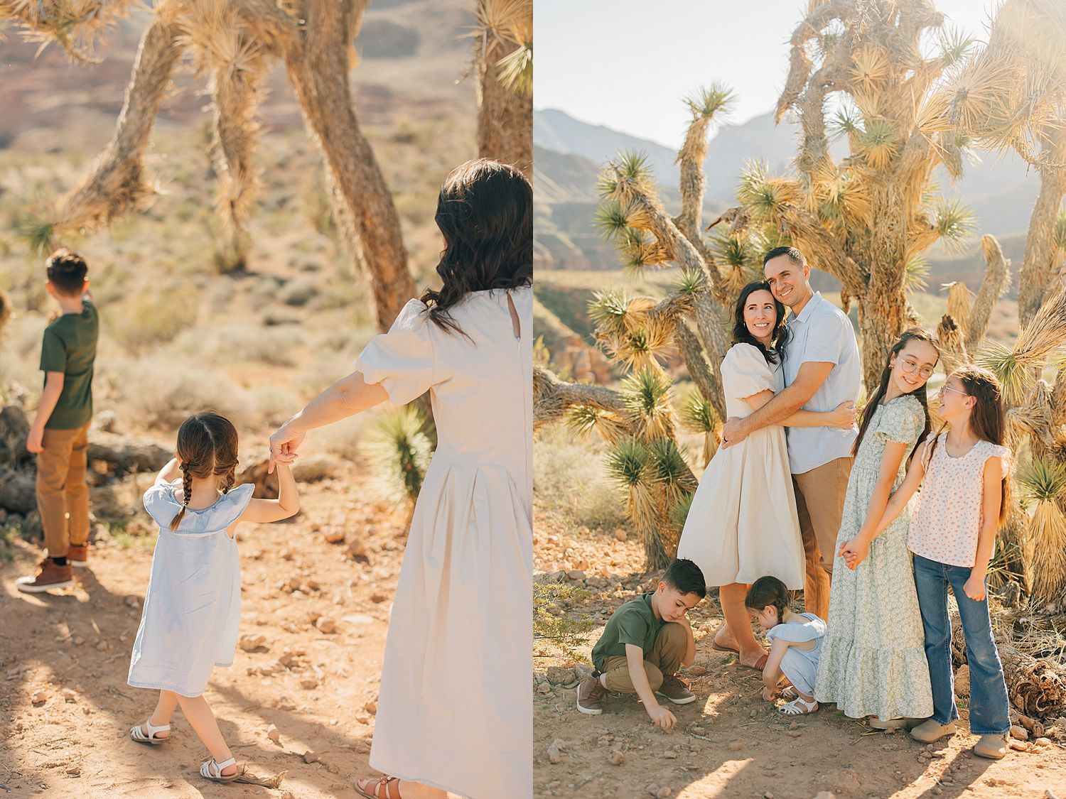 Family portrait session in Joshua Tree desert, parents dancing with children among cacti in warm golden sunlight.