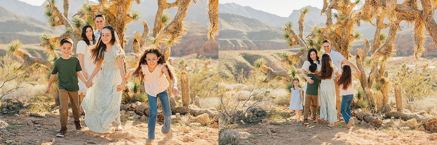Family posing near desert yucca plants with mountains in background during golden hour outdoor photo session.