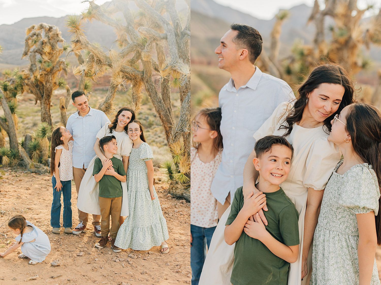 Family of five poses together in a sunny desert landscape with Joshua trees and mountains in the background.