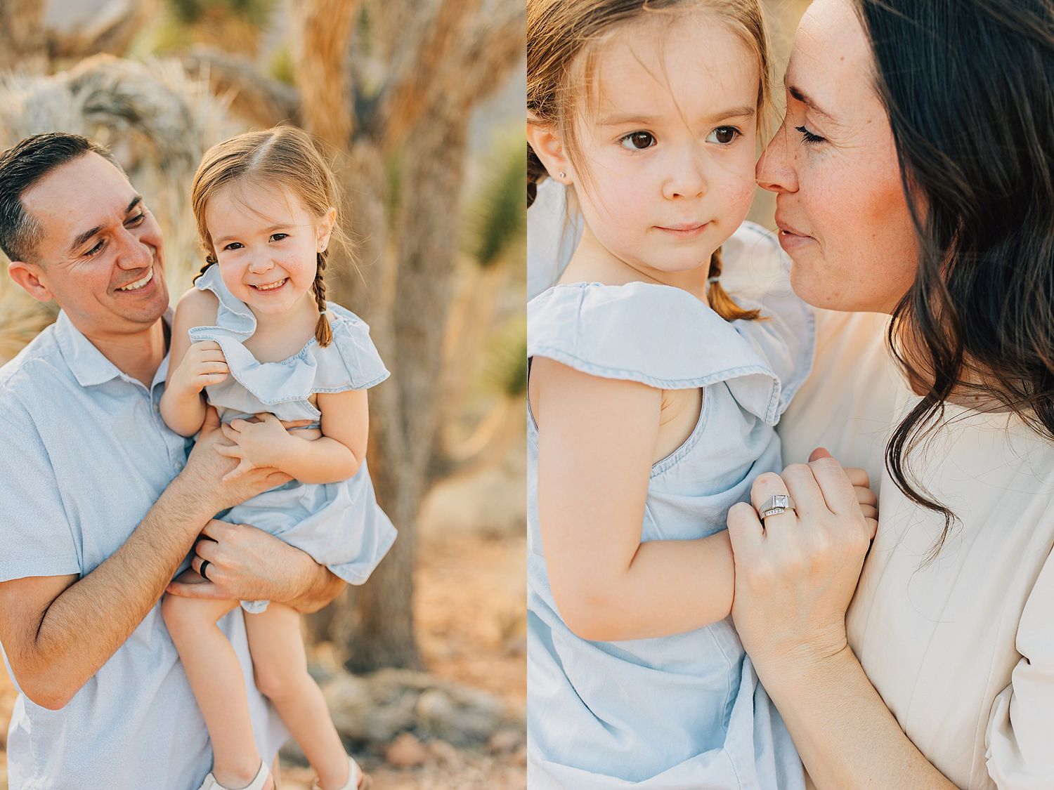 A father holds his smiling toddler daughter while a mother tenderly embraces the child outdoors in soft natural light.