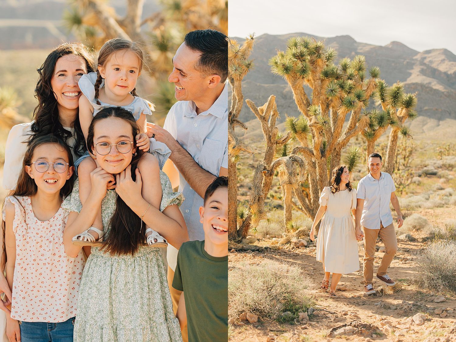 Family of five smiling together in a desert landscape with Joshua trees in the background on a sunny day.