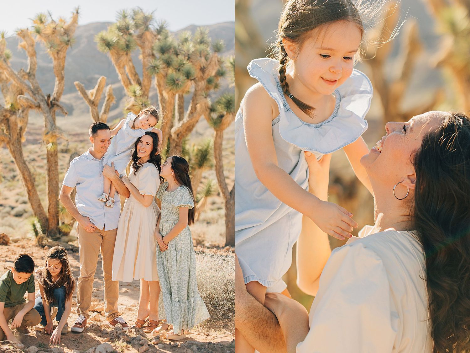 Family portrait session in desert with Joshua trees, parents and children in soft neutral tones during golden hour.