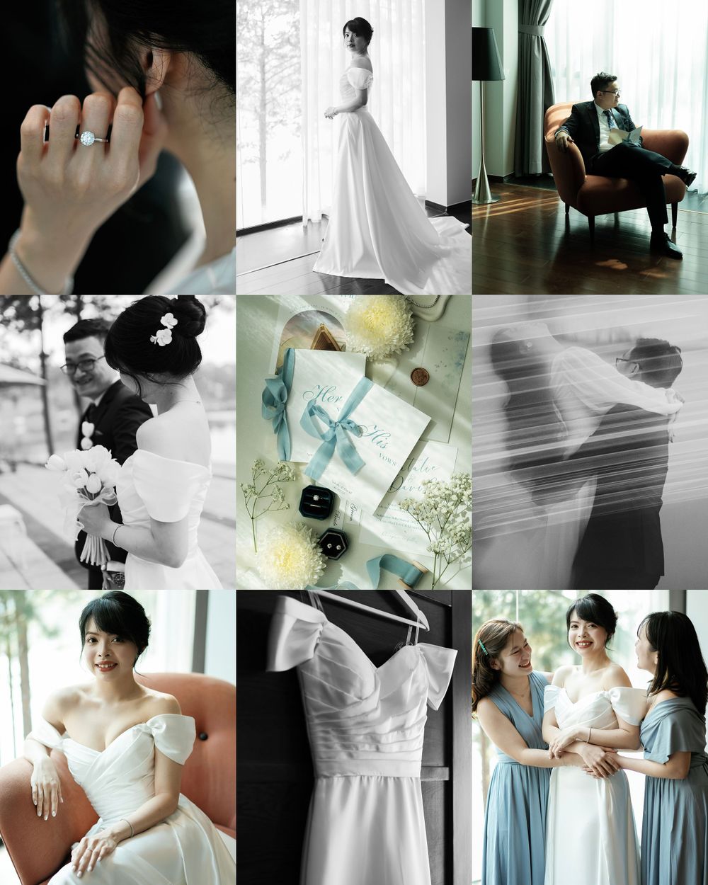 Wedding photo collage featuring dress details, rings, and bridesmaids in light blue dresses.