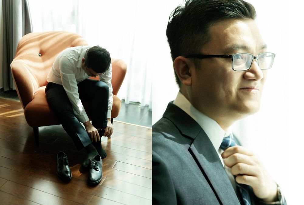 Wedding preparation photos showing groom adjusting tie and shoes.