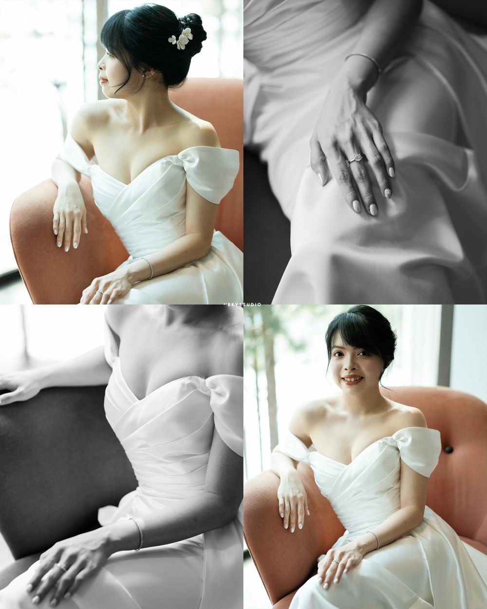 Four-panel portrait series of bride in off-shoulder wedding dress.