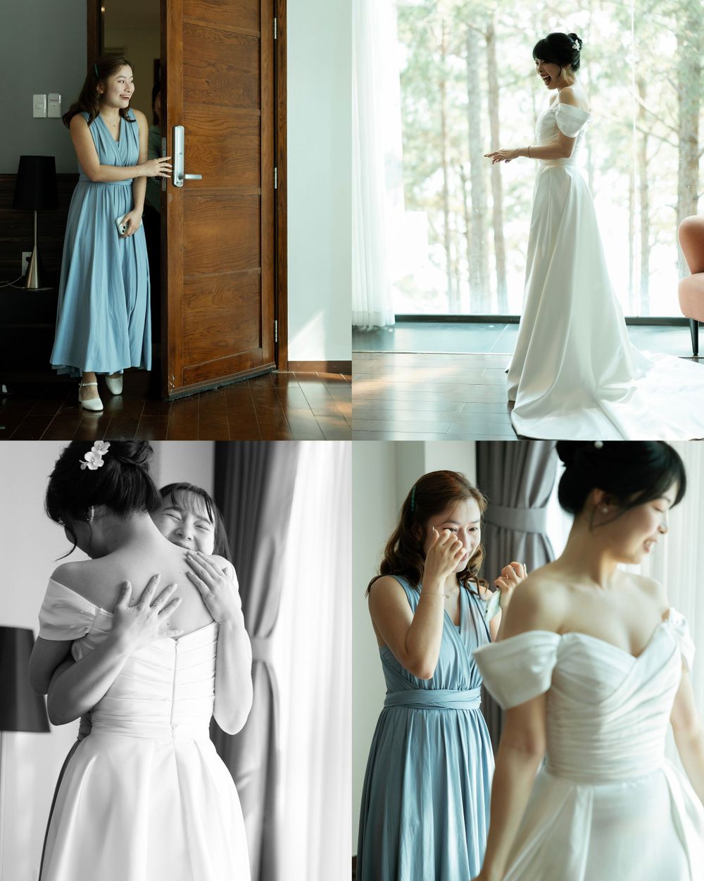 Wedding day moments with bride and bridesmaid in light blue dress.