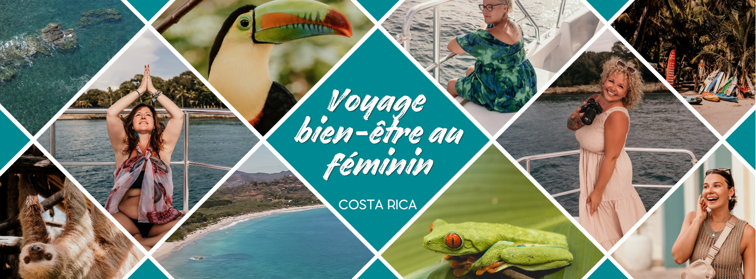 A collage of tropical vacation photos arranged in diamond shapes showcasing beaches and travel experiences.