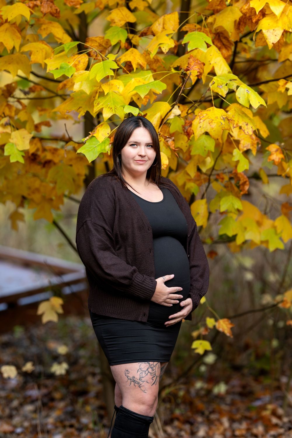 Smiling pregnant woman in black dress and brown cardigan poses under golden autumn maple tree.