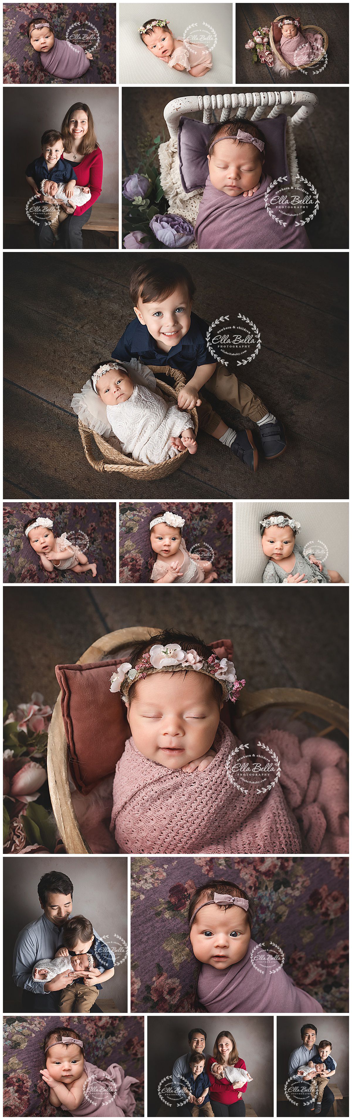 Professional newborn photography collage featuring soft purple and pink tones with rustic wooden props and delicate floral accents.