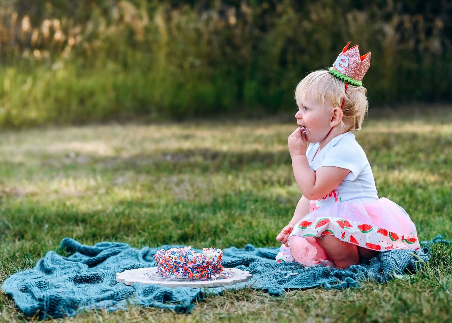 A sequence of photos showing a baby in pink outfit sitting on a blue blanket outdoors with a birthday cake.