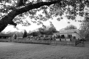 A panoramic view of a park with trees, benches, and a fence stretching across multiple black and white frames.