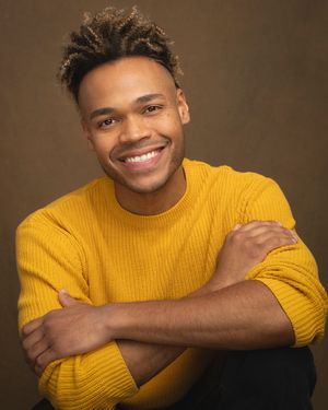 A person in a yellow sweater poses against a dark background in a series of expressive portrait shots.