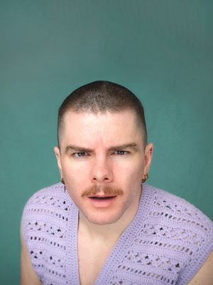 A sequence of headshots showing a person wearing a light purple crochet sweater against a teal background.