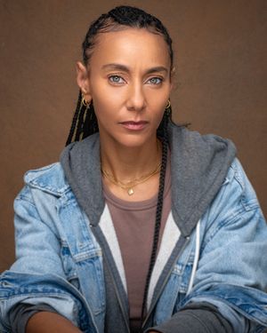 A series of portrait photos showing a person wearing a denim jacket and braided hair against a brown background.