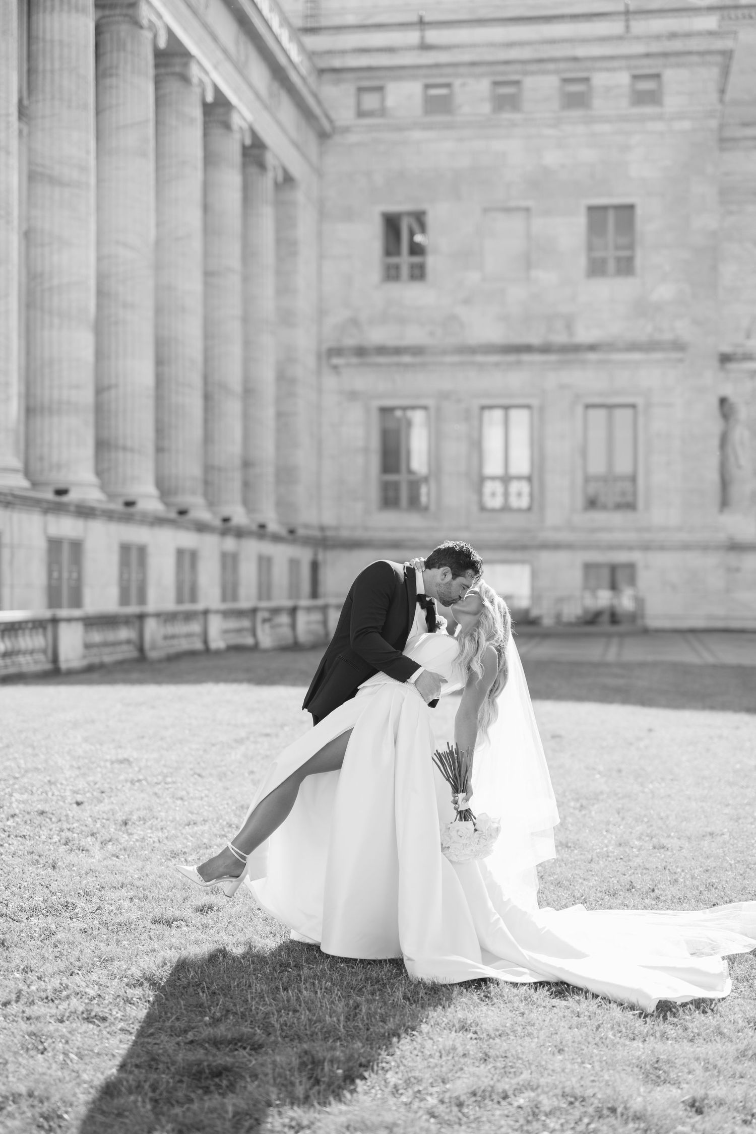 A romantic black and white photo sequence showing a bride and groom embracing during their wedding photoshoot.