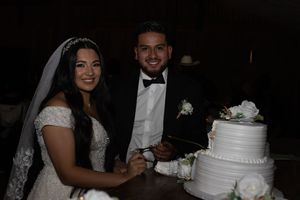 A couple cuts into their elegant white two-tier wedding cake decorated with roses.