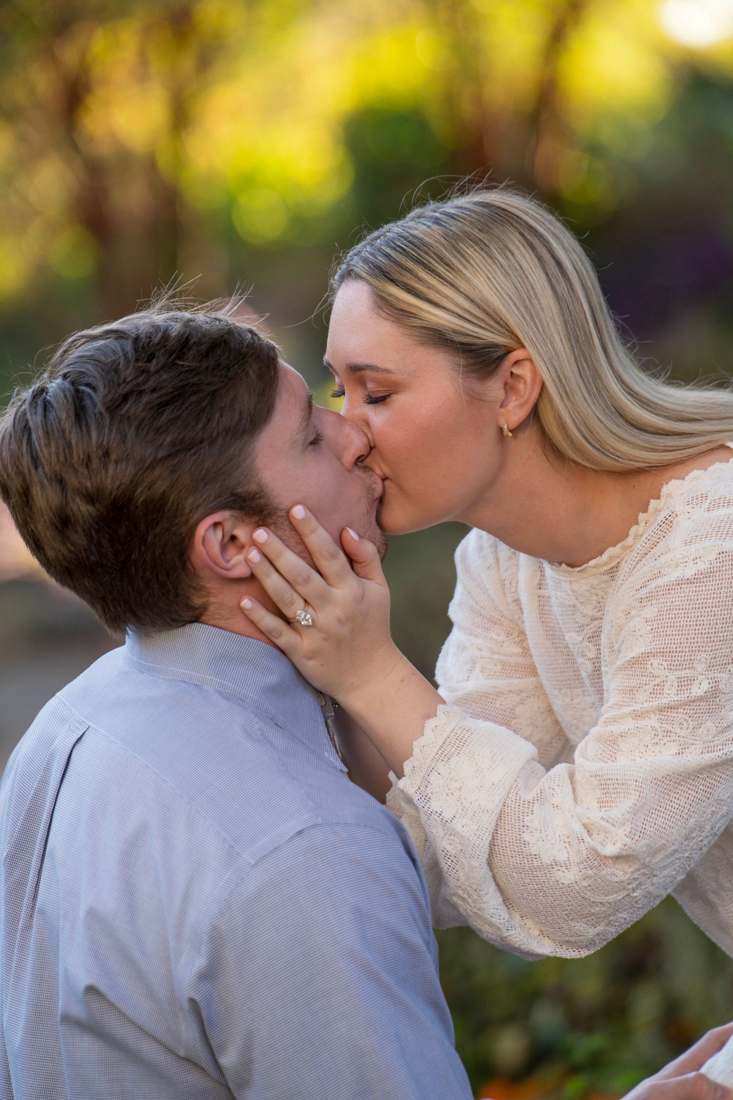 A romantic sequence of kiss photos captured outdoors with soft natural lighting and blurred greenery in the background.