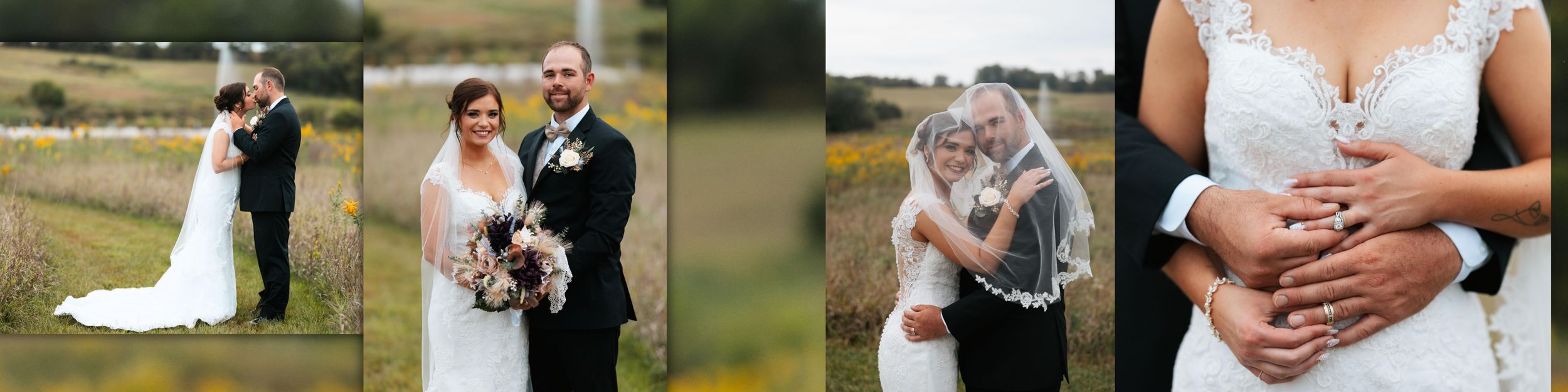 A series of romantic wedding photos showing couples embracing outdoors in a natural setting.