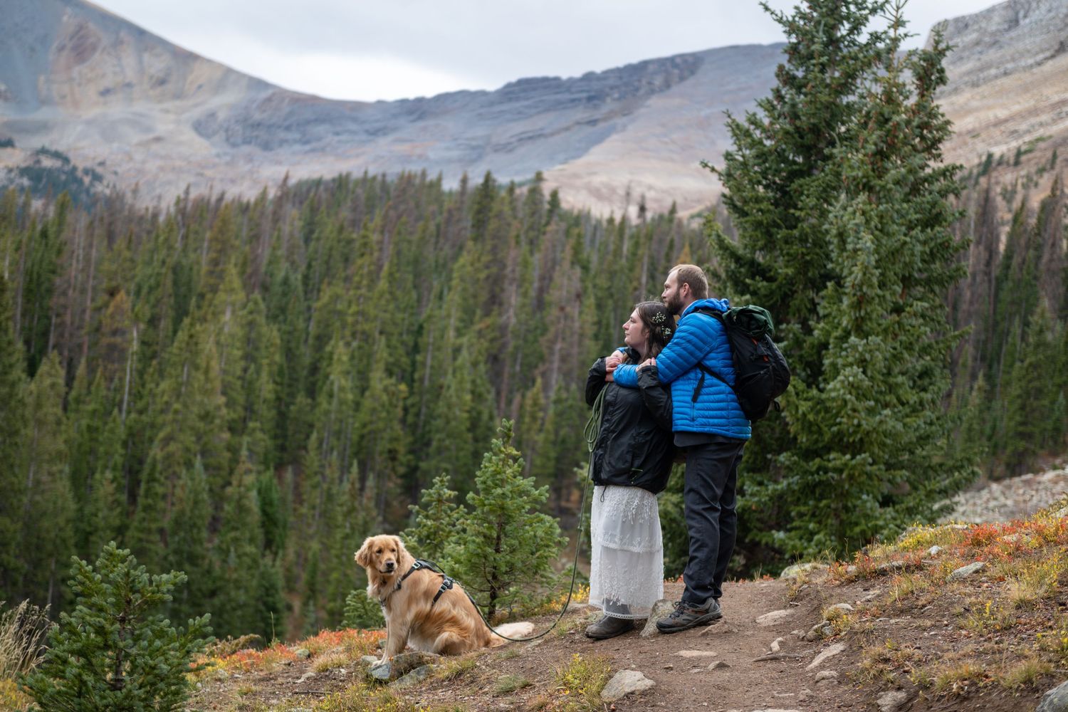 A groom hugs his bride from behind on a hiking trail. They and their dog are looking out over he valley of pine trees and mountains.