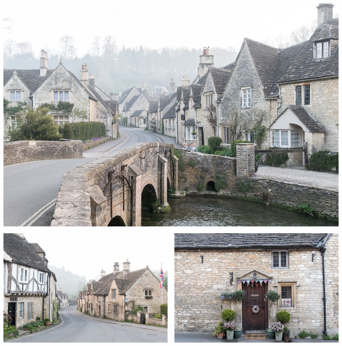 Collage of a quaint English village with stone cottages, narrow streets, and historic bridges.