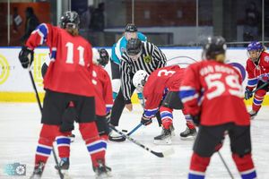 Ice hockey players in red and blue jerseys compete during a game on a rink with officials present.