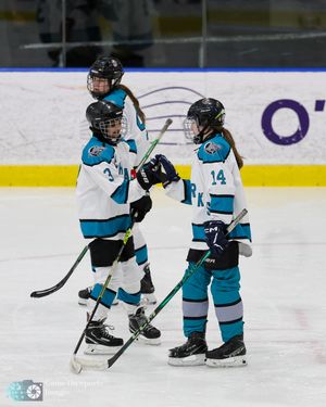 Young hockey players in teal jerseys skate together on an ice rink during practice or a game.