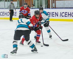Youth hockey players in red and teal jerseys compete for the puck during an ice hockey game.