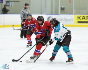 Ice hockey players in red and white jerseys compete during a game on a rink with advertisements visible on the boards.
