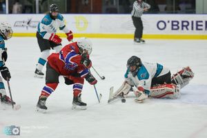 Hockey players from opposing teams battle for the puck during an intense ice hockey match.