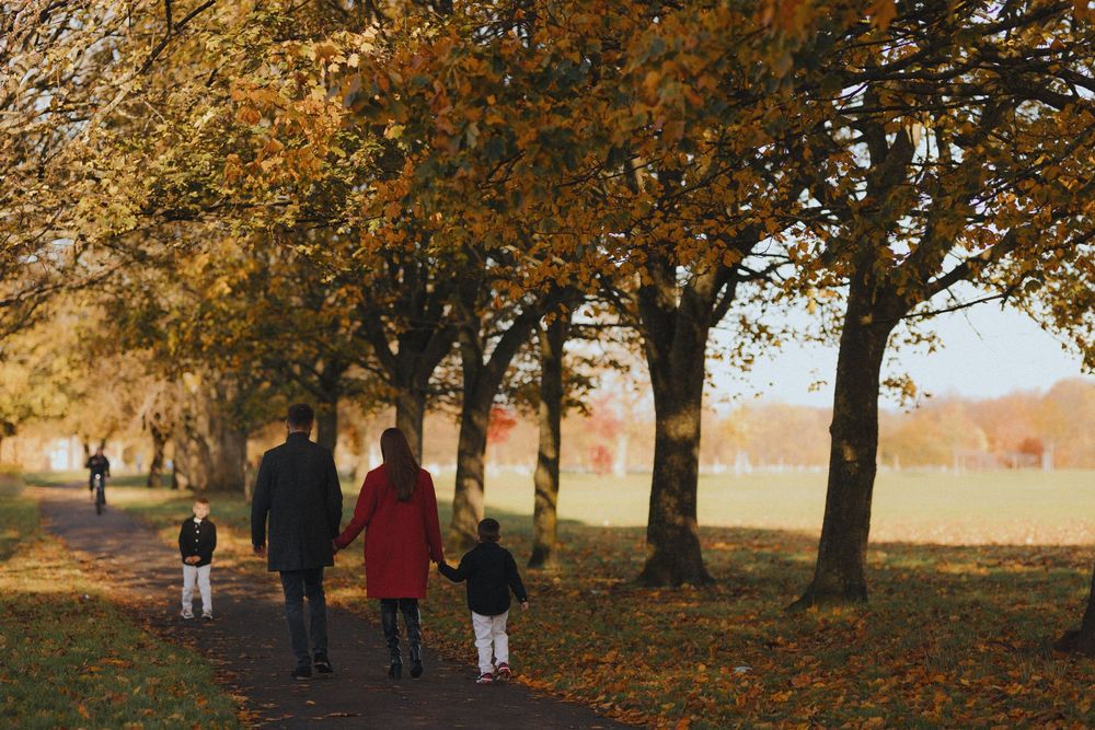 People walking on a path beneath autumn trees with golden leaves during a fall afternoon.