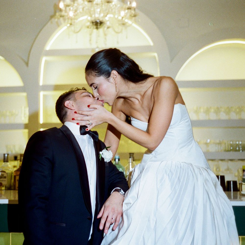 A romantic sequence of wedding photos showing a couple in formal attire sharing tender moments at their celebration.