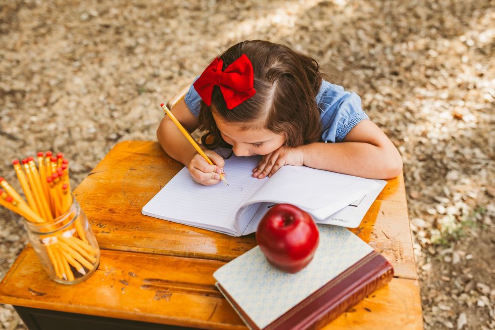 Wooden desk with a mailbox showing a school study scene with an apple and papers in a natural outdoor setting.