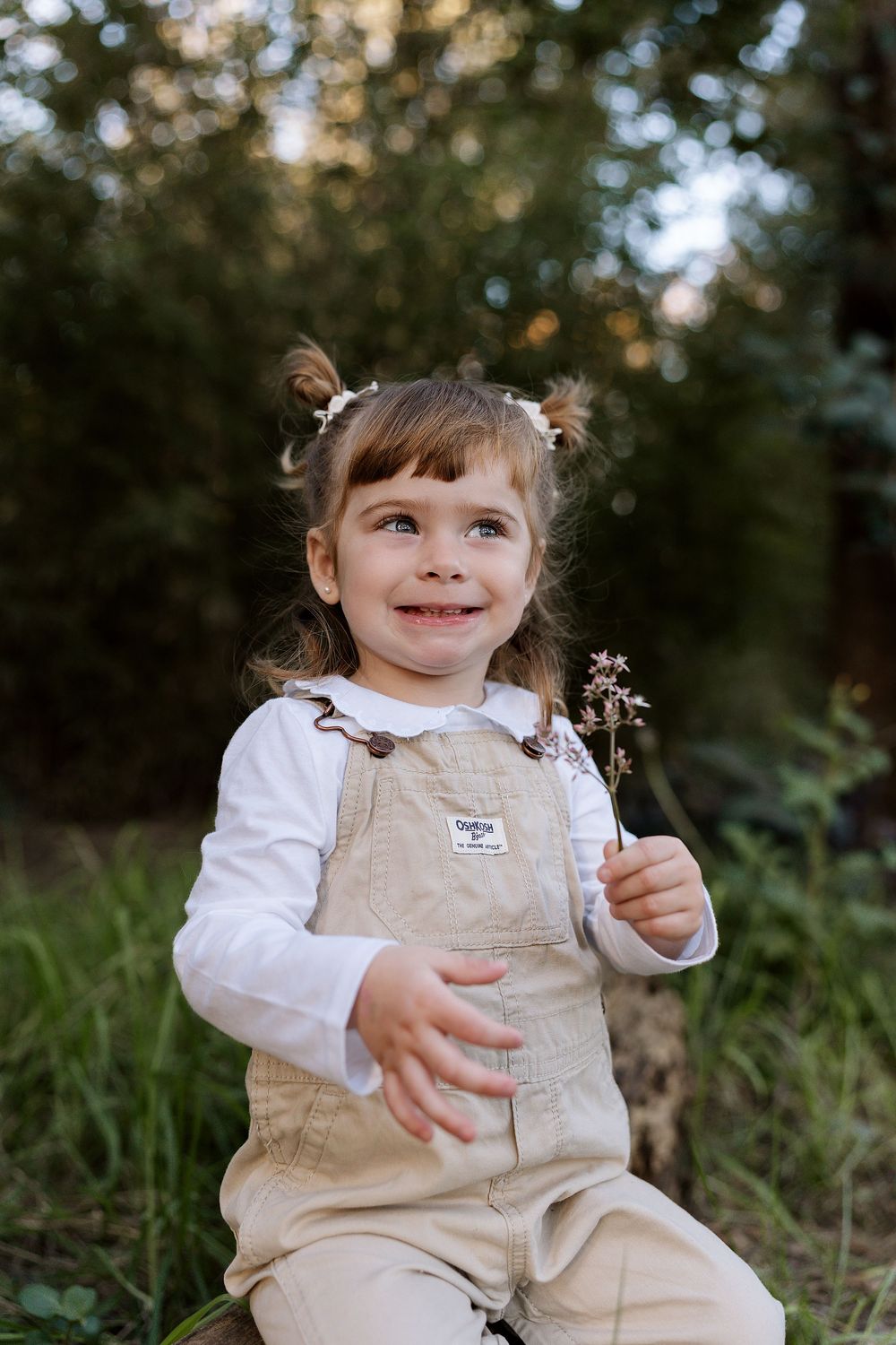 A toddler in a beige overall and white shirt sits outdoors with a dandelion in hand.