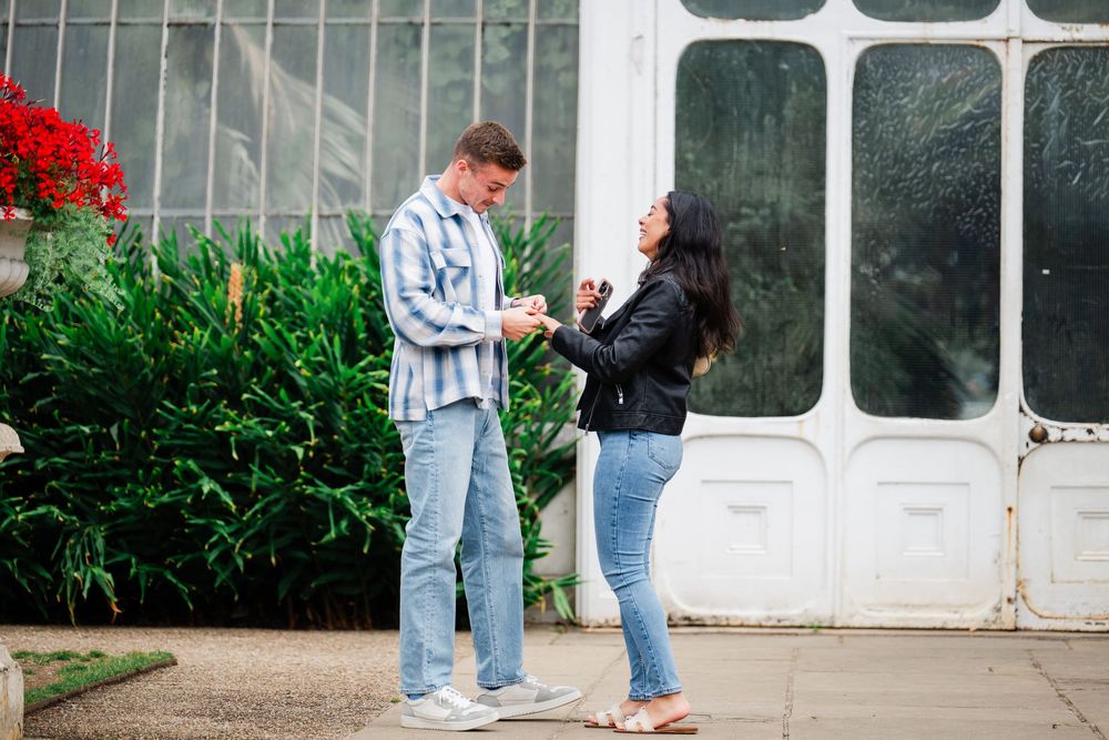 A side-by-side photo grid showing the progression of a couple posing outdoors in front of greenery and an entryway.