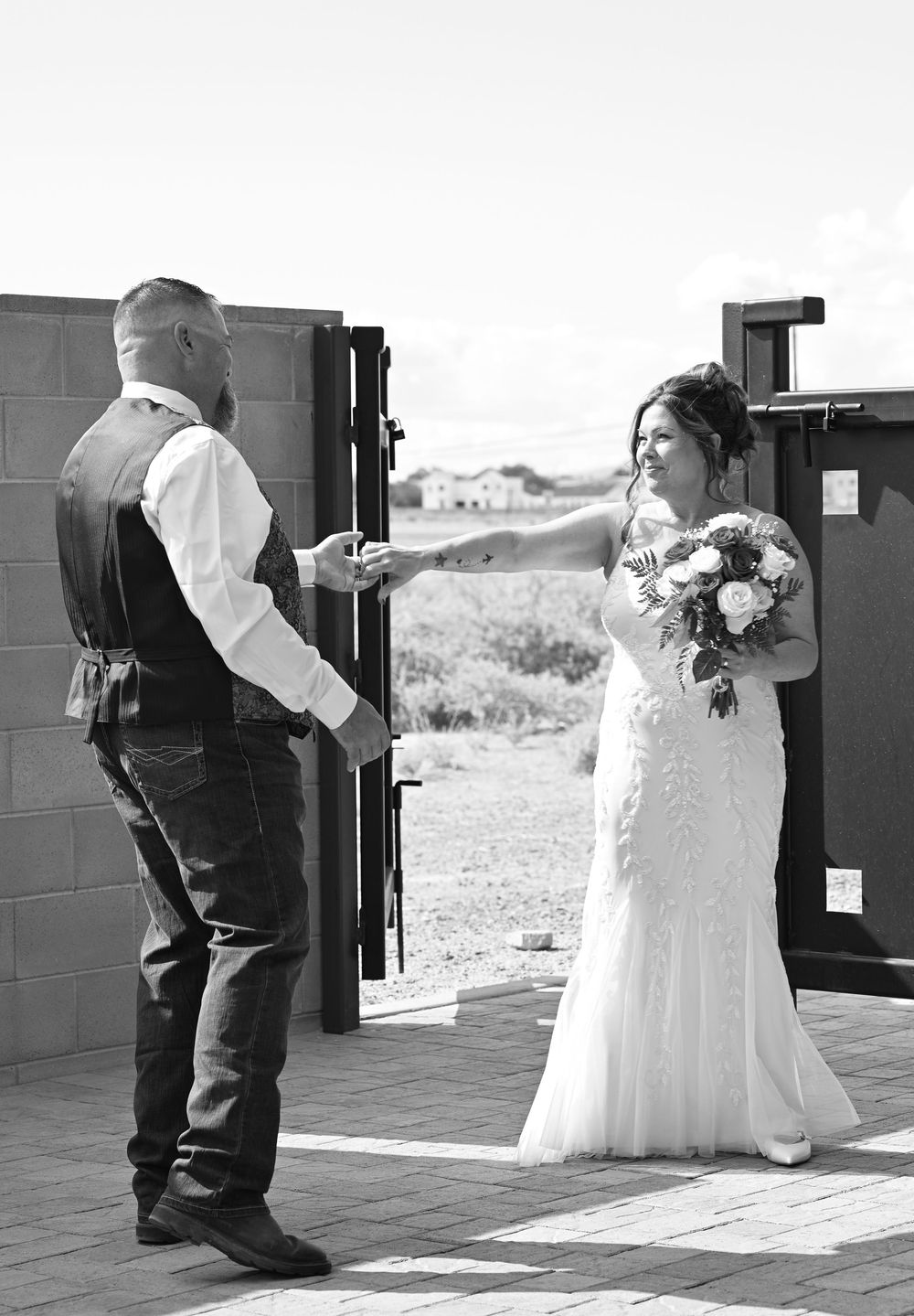 A black and white sequence of wedding photos showing a couple interacting on a porch during their special day.
