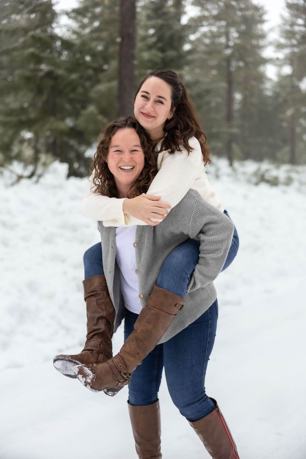 Candid winter photos showing playful interactions in the snow.