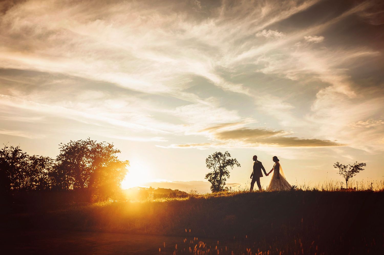 Silhouetted figures stand together on a hilltop against a dramatic sunset sky with golden clouds and dark trees.