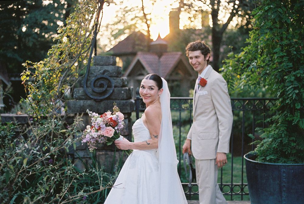 A romantic wedding photography sequence showing joyful moments through garden greenery at sunset.