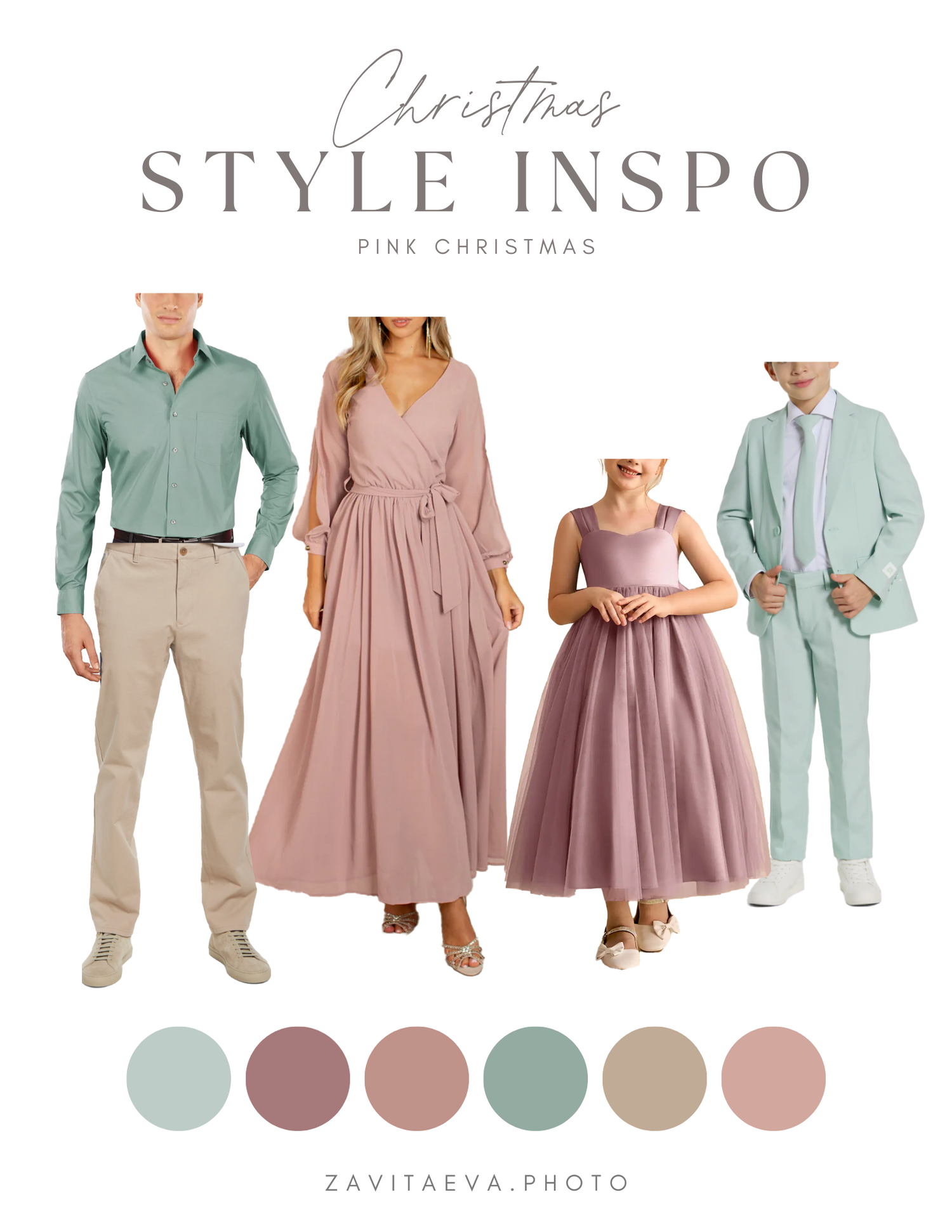 Fashion mood board showing coordinated outfits in soft mint green, blush pink and beige color palette for style inspiration.