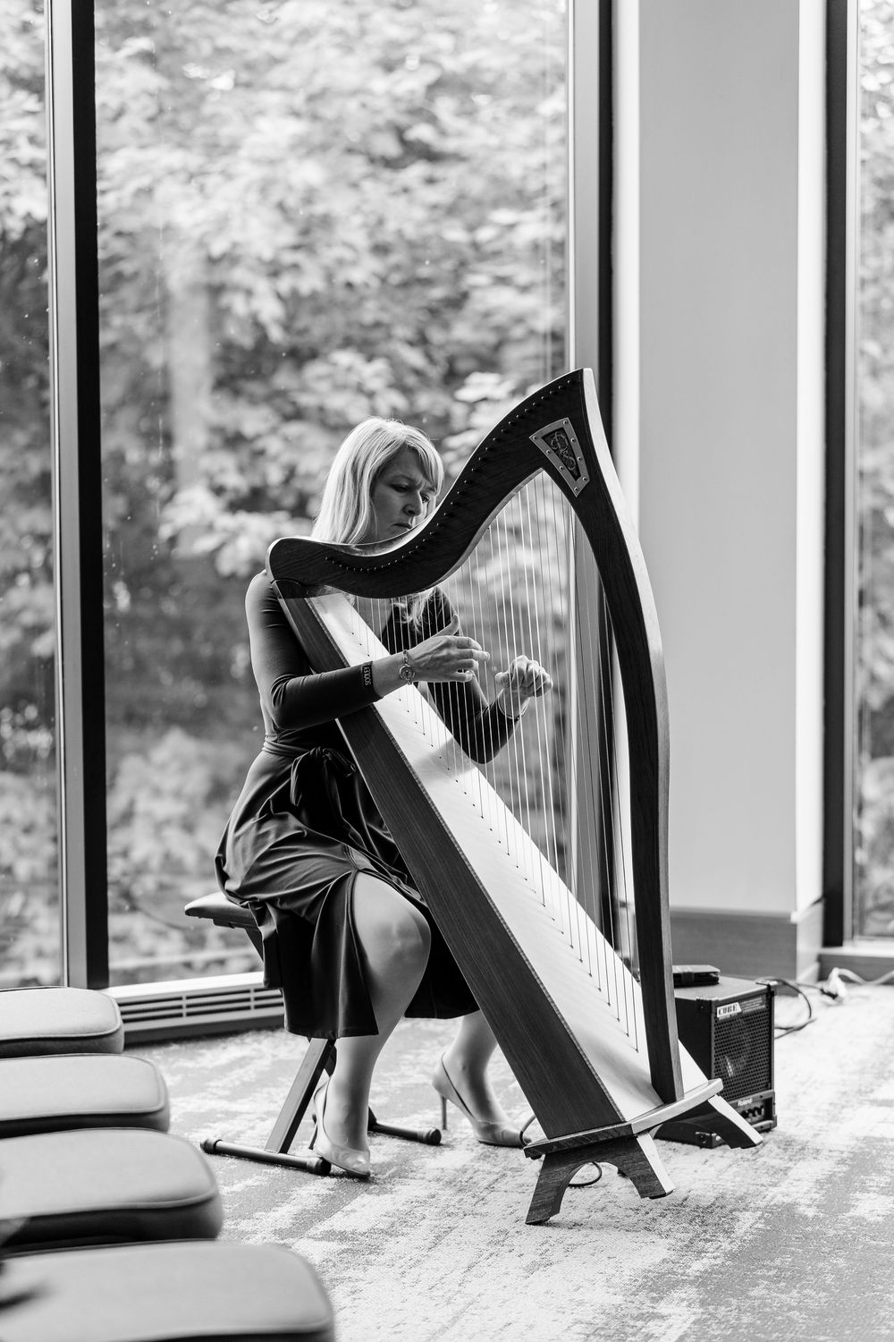 A series of black and white photos showing a person practicing with a classical harp in a sunlit window space.