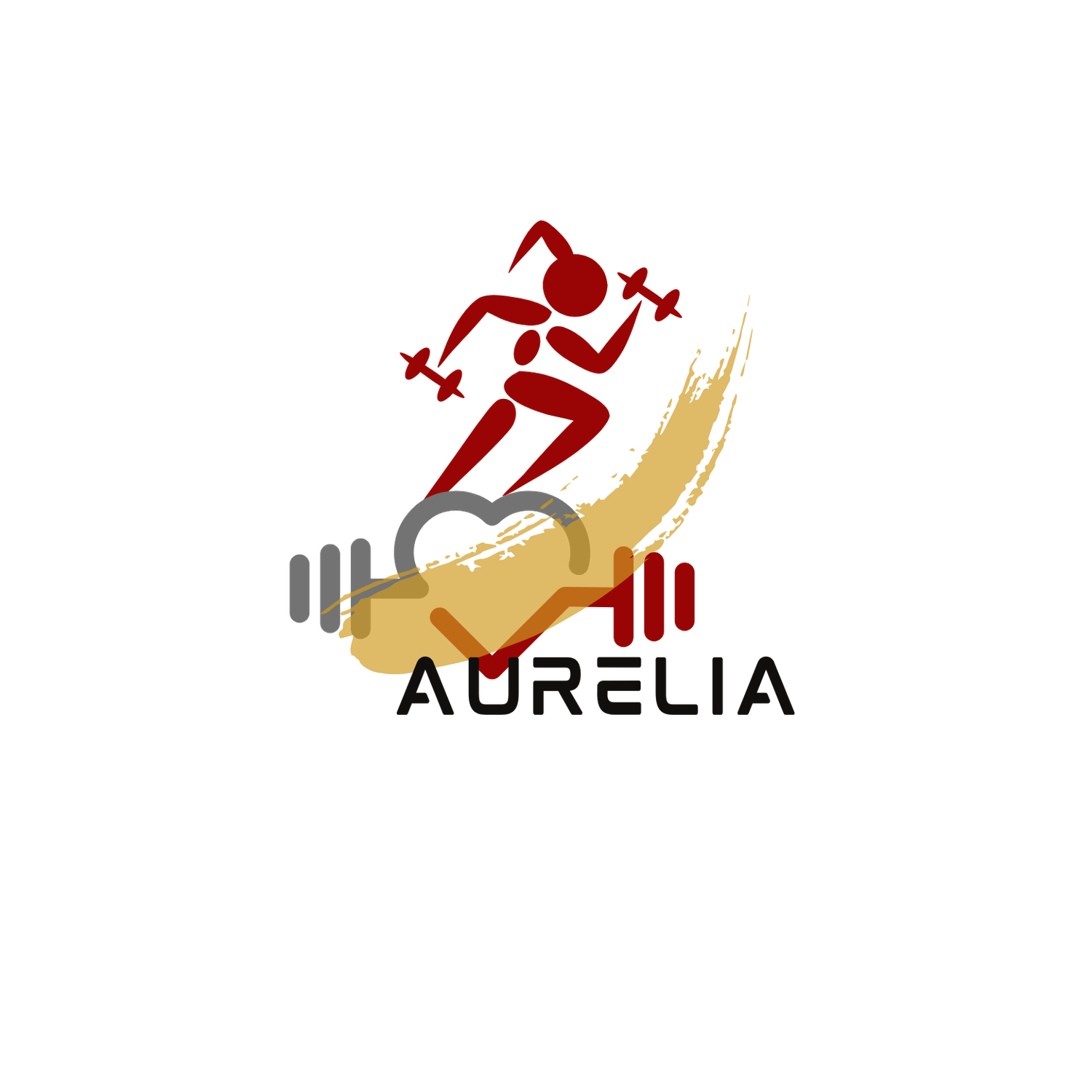 A red running figure silhouette over gold wings with gray barbell weights and text reading Aurelia forms a fitness logo.