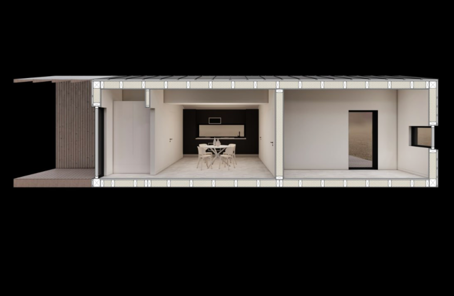 3D architectural section rendering showing interior spaces of a modern minimalist structure with white walls.