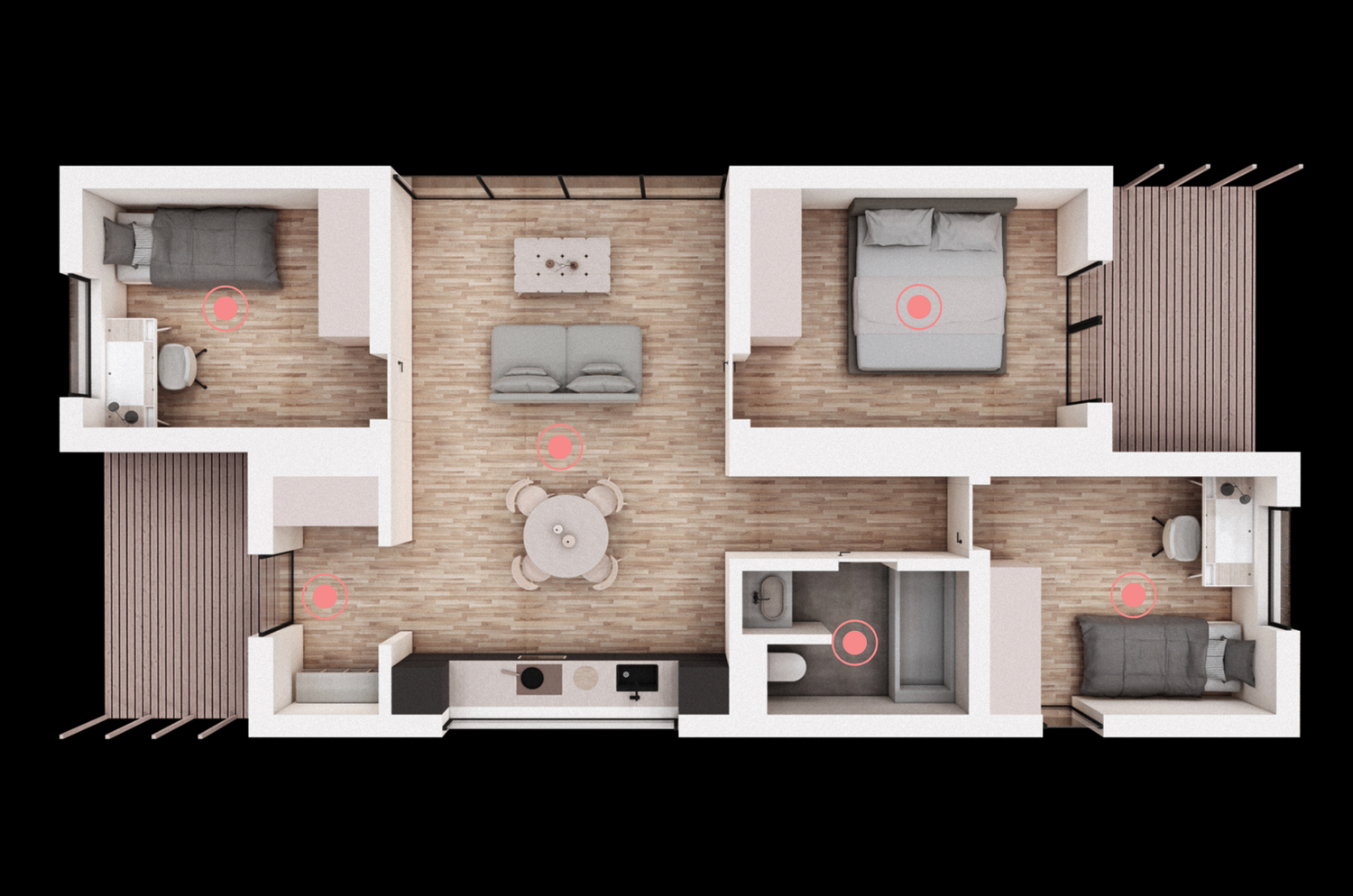 Interior floor plan rendering showing a linear apartment layout with kitchen, living area, bathroom and bedroom spaces.