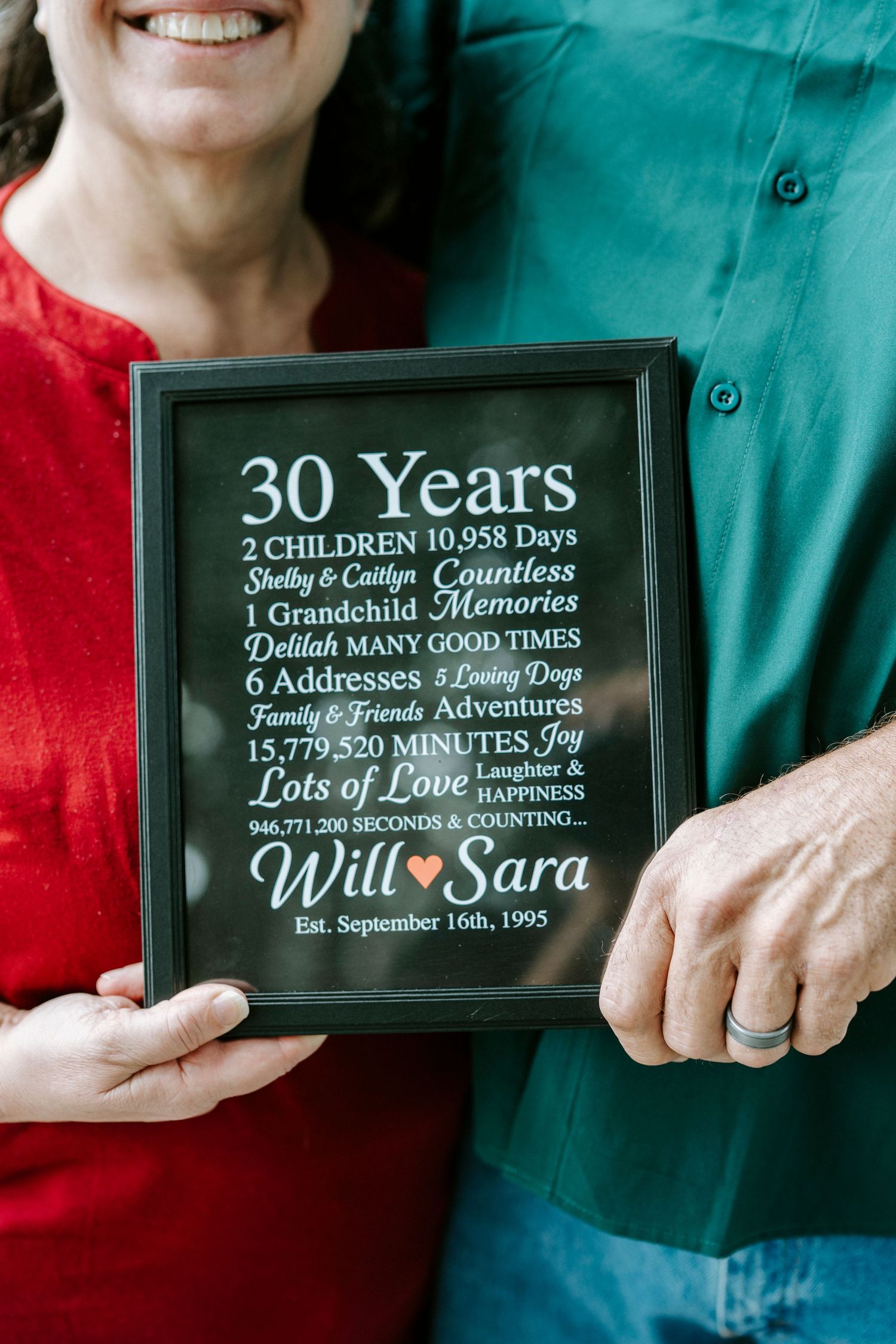 A decorative plaque showcasing 30 years of marriage memories with text about children, addresses, and love.