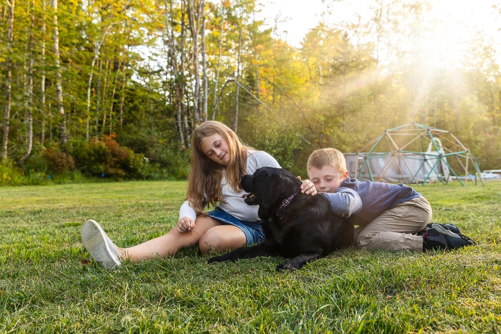 Family relaxing together on grass in autumn park during golden hour sunlight with lens flare.