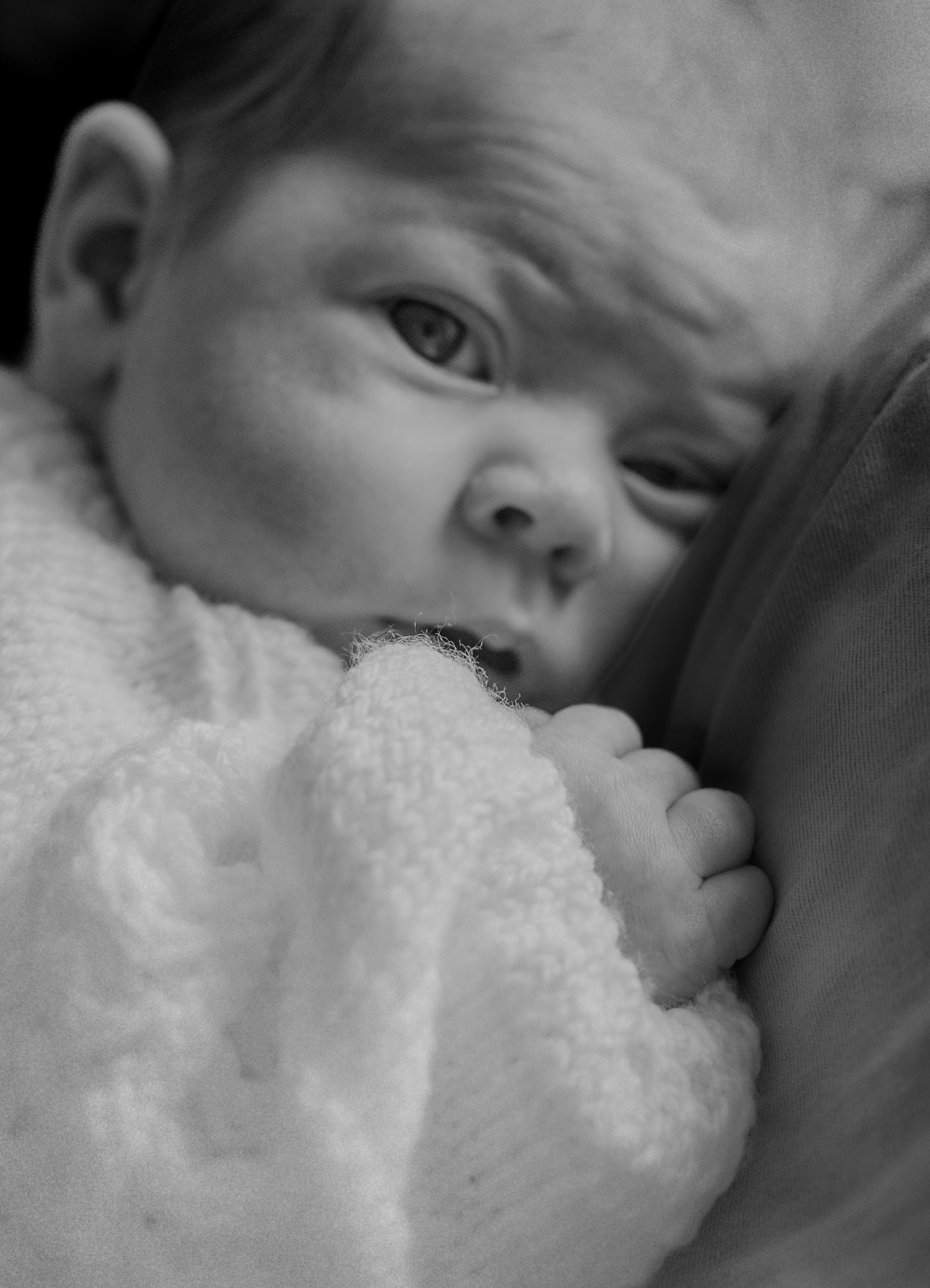 A black and white close-up portrait of a baby snuggling with a soft blanket.